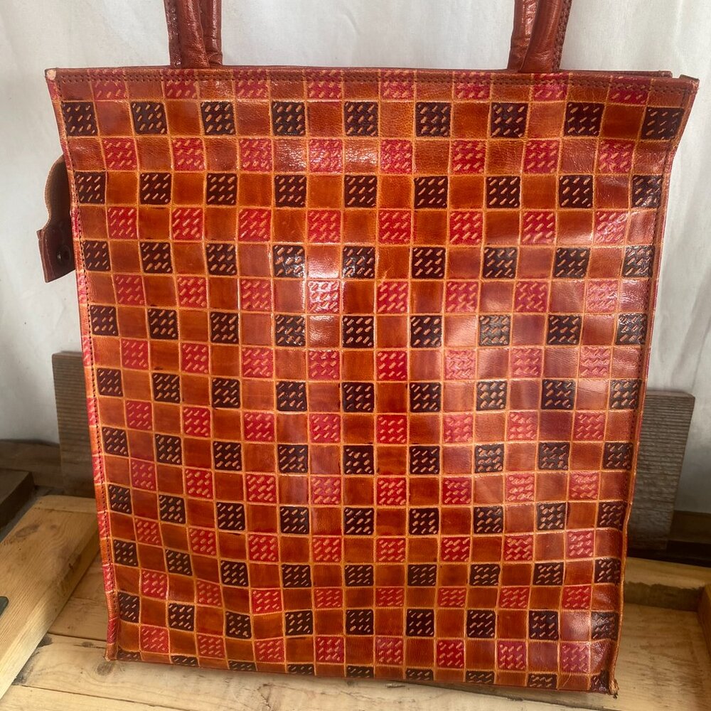 Vintage 1990s NachoCow Leather Patchwork Tote | Purple Red Shoulder Bag - Picture 3 of 9
